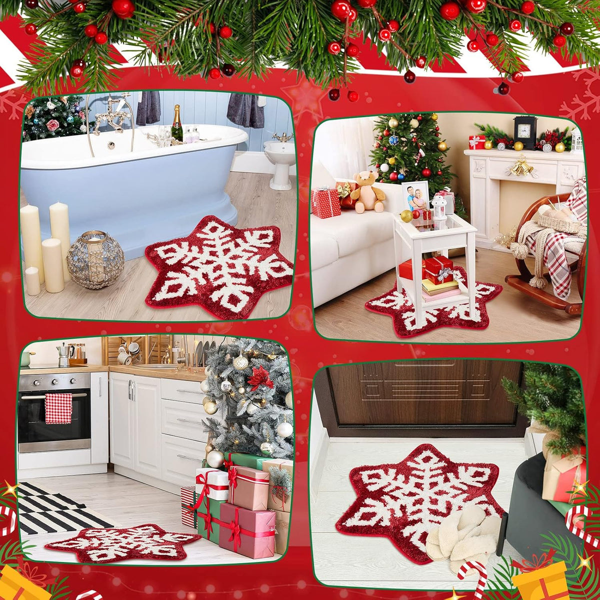 Winter Snowflake Rug Red Bath Mat Bathroom Decor Welcome Non Slip Xmas Washable Bathtub Tub Doormat 21.7'' x 23.6''(Classic) -