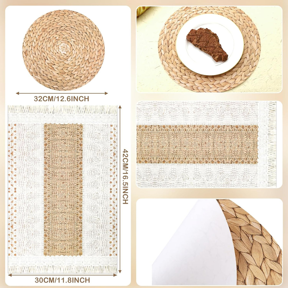 100 Pcs Boho Disposable Paper Placemats Set Round Braided Rattan Woven Place and Rectangle Burlap Printed Farmhouse Table Mats for Kitchen -