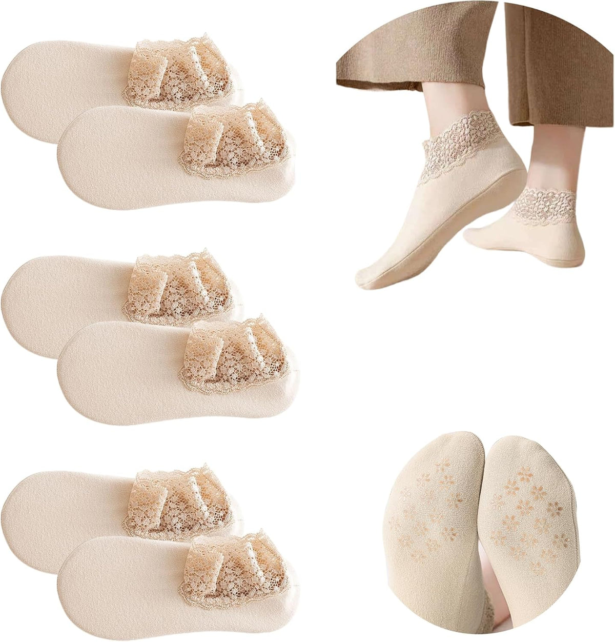 3Pairs Lace Socks No Show Frilly Ankle Knit Cotton Non Slip Low Cut for Women Floor Beige One Size