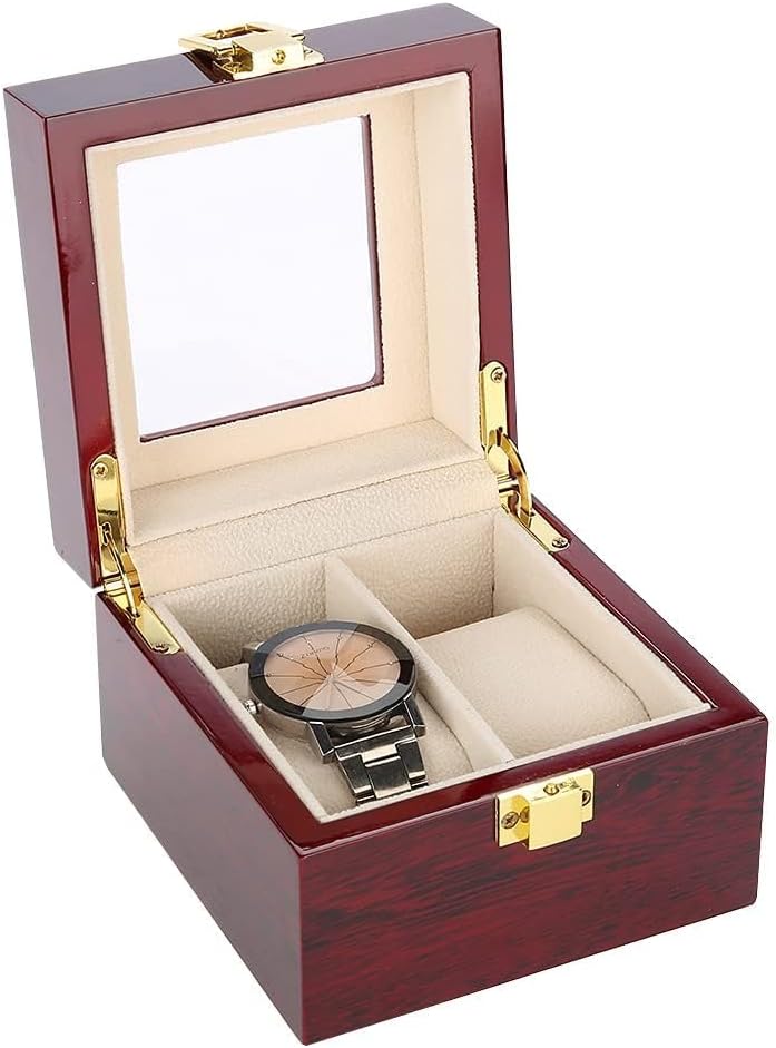Wooden Watch Box, 2 Slots Storage Case Organizer Beige Soft Flannel Lining Red Box for Men with Clear Lid