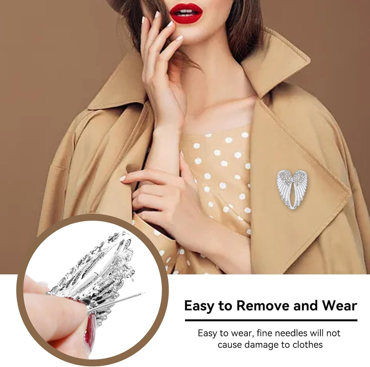 4pcs Women's Guardian Angel Wing Brooch Pins, Rhinestones Pin Set Cardigan Collar Clips Dress Shirt for Women Girls Men(White)
