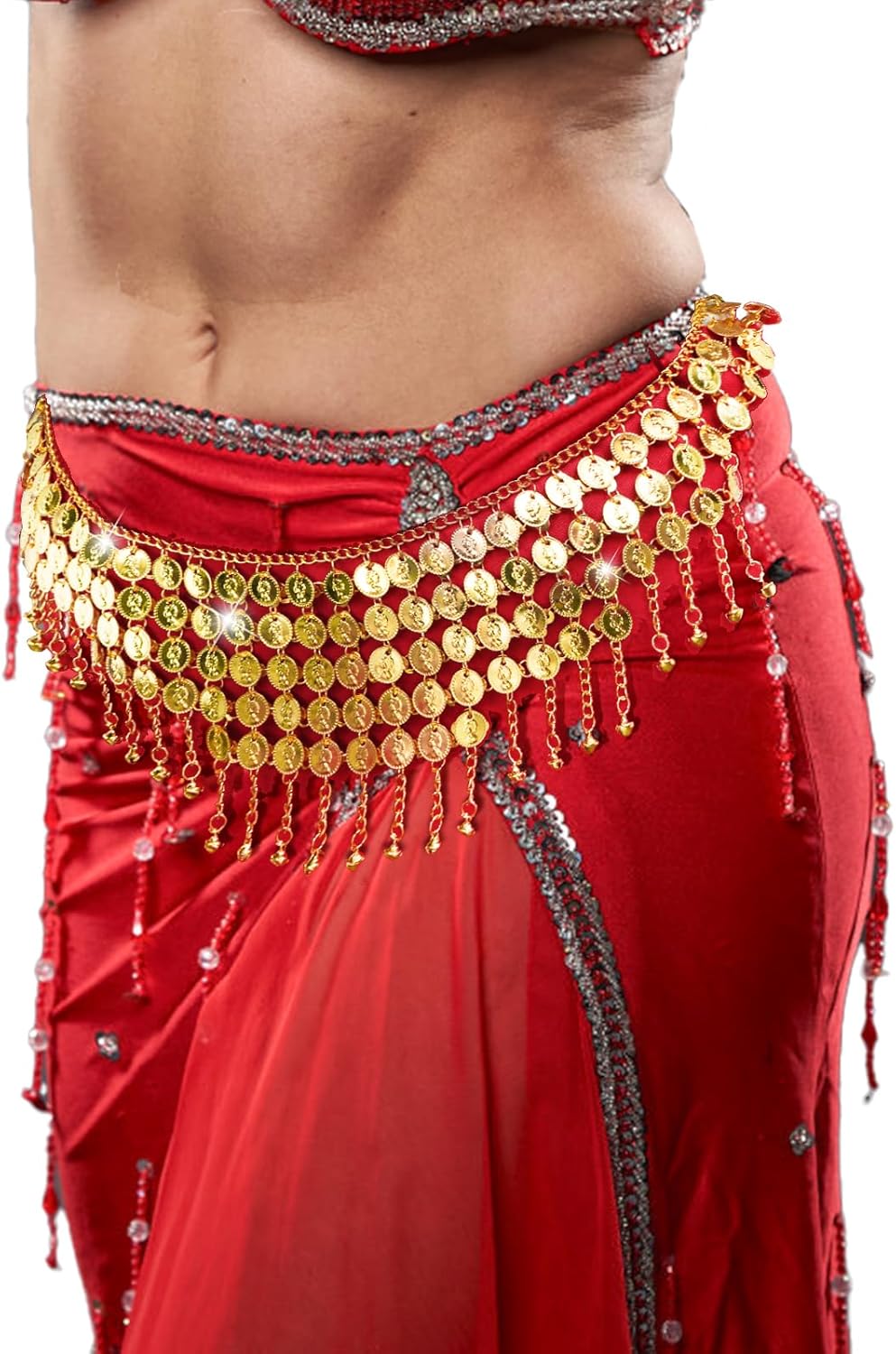 2 Pack Belly Dance Hip Scarf Belt, Dangling Coins Bellys Dancing Skirt, Dancer Bottoms Halloween Costume Accessory for Women, Music Festival, Gold and Silver, 32 Short