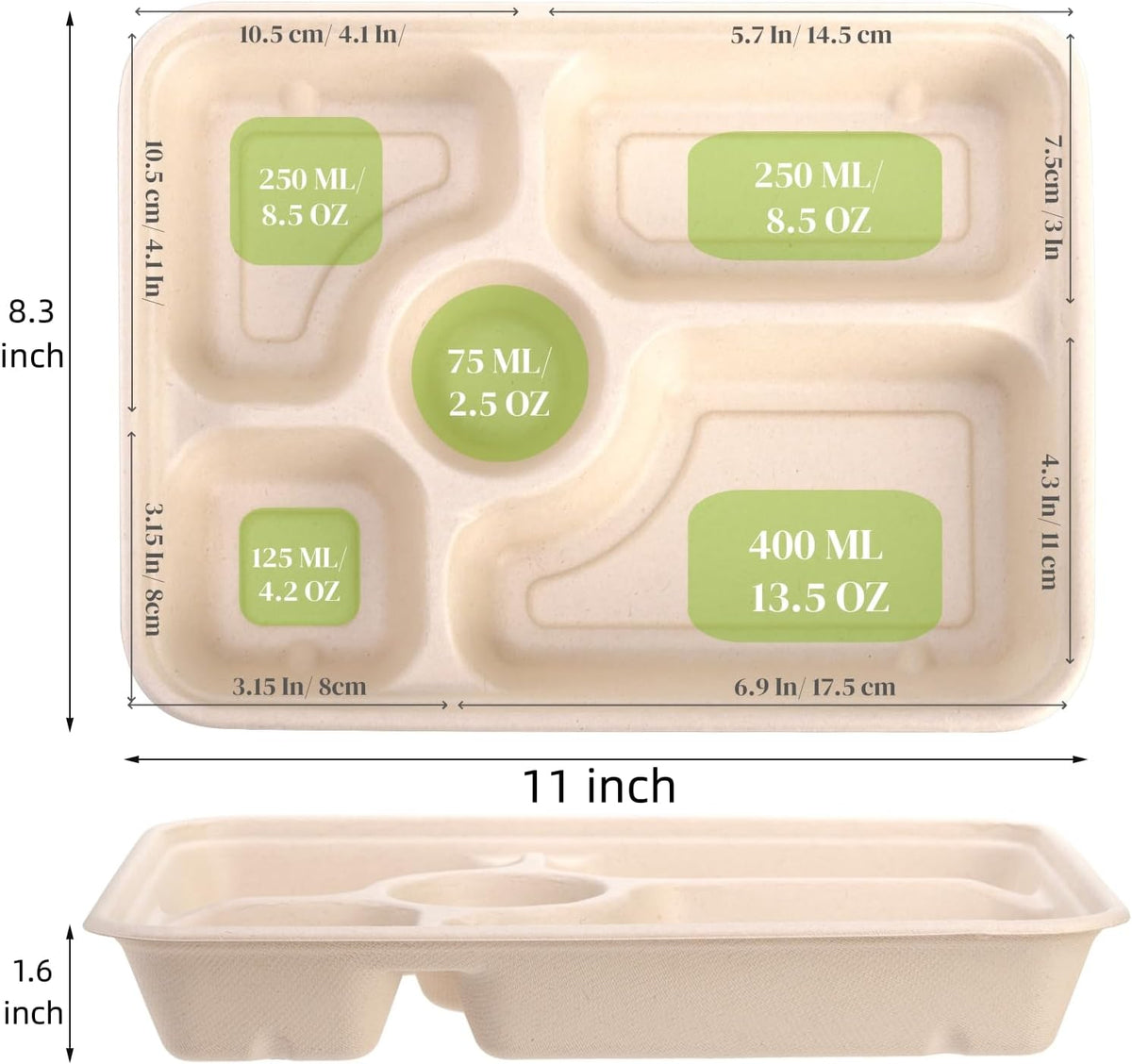 50 Pack 5 Compartment Disposable Paper Plates, 11" x 8" Compostable Bagasse School Lunch Tray, Heavy-Duty Sectional Sugarcane Plate, Divided Platter Tray for Buffet Party, Microwave Safe