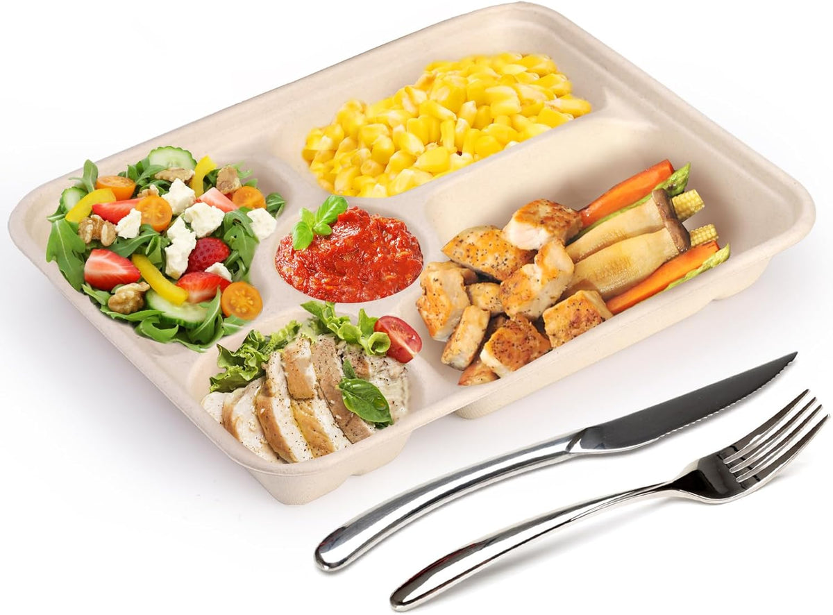 50 Pack 5 Compartment Disposable Paper Plates, 11" x 8" Compostable Bagasse School Lunch Tray, Heavy-Duty Sectional Sugarcane Plate, Divided Platter Tray for Buffet Party, Microwave Safe