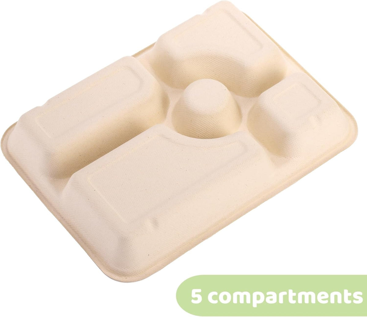 50 Pack 5 Compartment Disposable Paper Plates, 11" x 8" Compostable Bagasse School Lunch Tray, Heavy-Duty Sectional Sugarcane Plate, Divided Platter Tray for Buffet Party, Microwave Safe