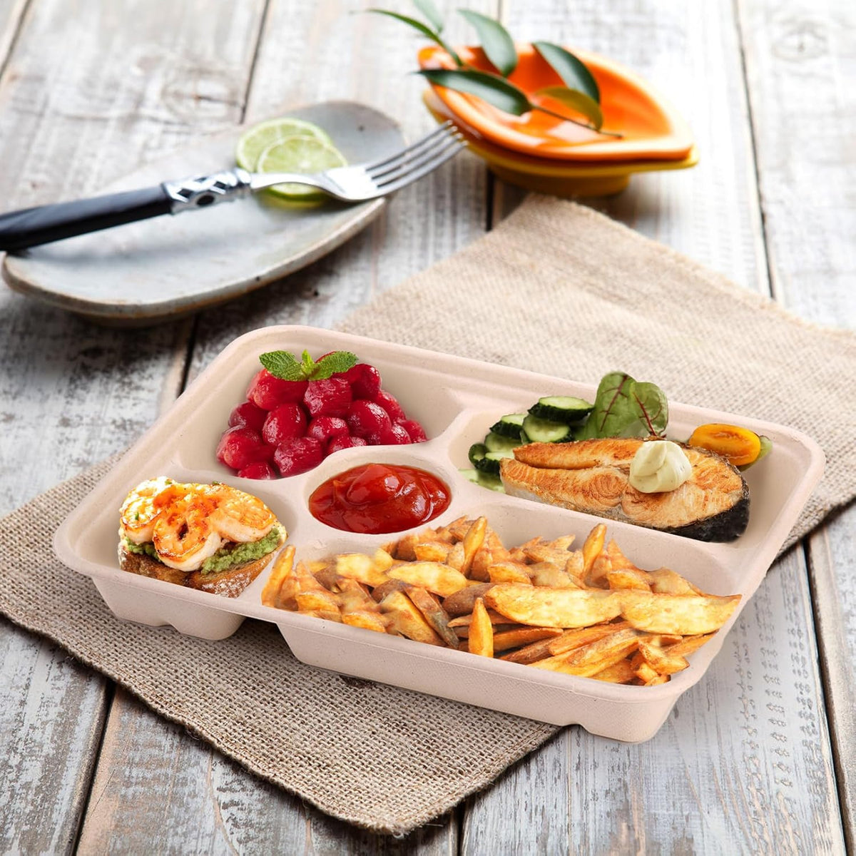 50 Pack 5 Compartment Disposable Paper Plates, 11" x 8" Compostable Bagasse School Lunch Tray, Heavy-Duty Sectional Sugarcane Plate, Divided Platter Tray for Buffet Party, Microwave Safe