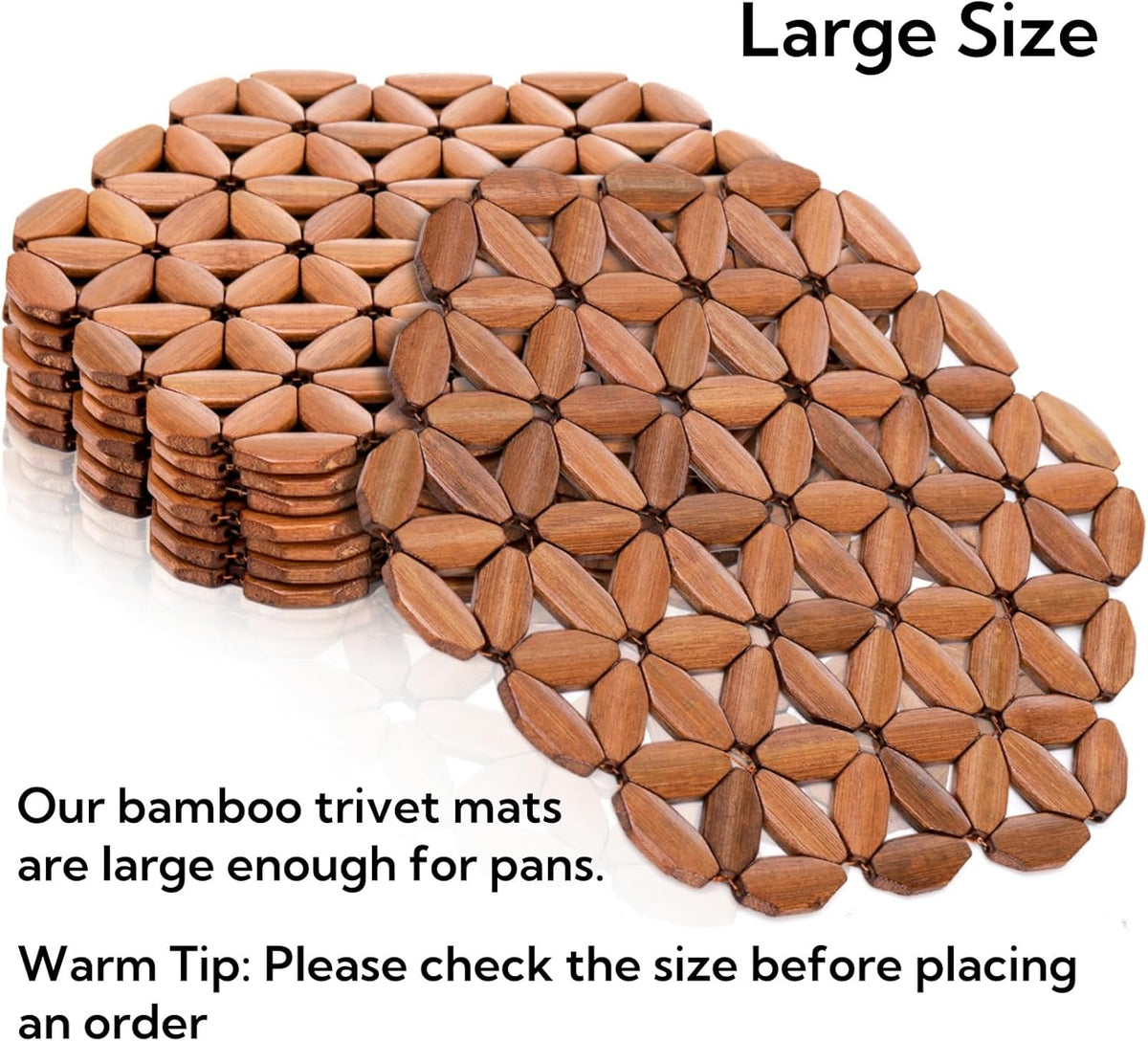 8 Pack Bamboo Trivet Mat, Hot Plate Pad, Heat Resistant Table Counter Protector, Coaster for Tea Coffee Pot Plates Pans Bowls, Festive Design Décor, Kitchen Gift Idea