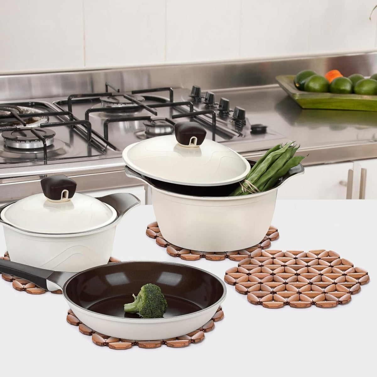 8 Pack Bamboo Trivet Mat, Hot Plate Pad, Heat Resistant Table Counter Protector, Coaster for Tea Coffee Pot Plates Pans Bowls, Festive Design Décor, Kitchen Gift Idea