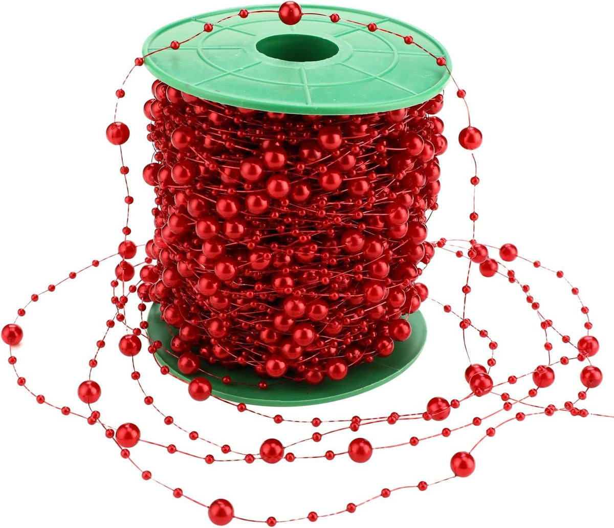 Artificial pearl beads necklace - Pearl beads - Suitable for light blue weddings, bridal bouquets, DIY crafts, table decorations, Christmas decorations - Bright red - 60 meters