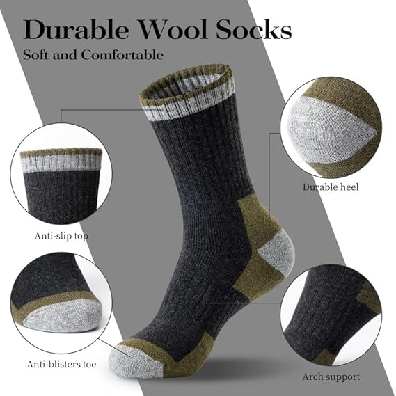 Heren walking socks - woolen socks - 5 pairs - fleece lined - thick - warm - winter socks with crew neck - suitable for cold weather