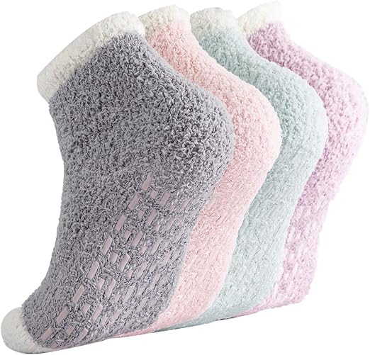 Non-slip socks - Coral fleece socks - with grip - lint-free - suitable for ladies - 4 pairs - gift