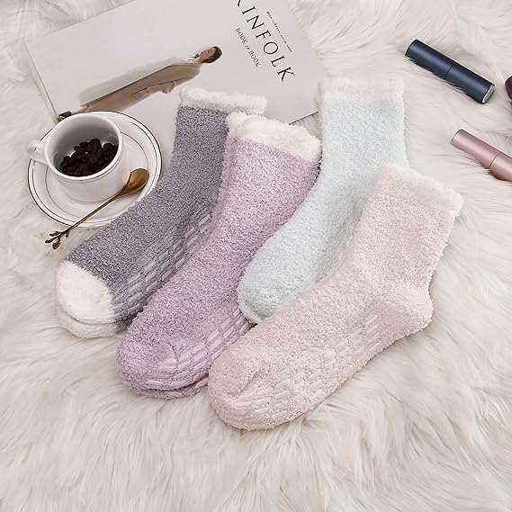 Non-slip socks - Coral fleece socks - with grip - lint-free - suitable for ladies - 4 pairs - gift