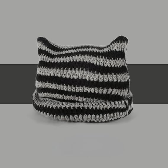 Kitten Hat - Cat Ear Hat - Black, White and Grey - Knitted Beanie - Rimless Beanie - Vintage - Ladies' Accessories - Winter Essentials - Y2K Accessories