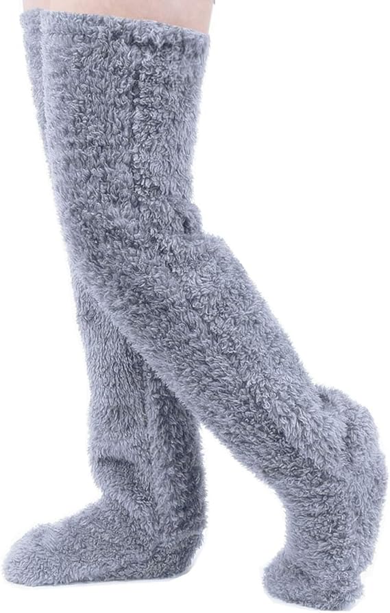 Home Socks - Overknee Fleece Socks - 55cm - Fleece Slipper Socks - Fluffy - Long Leg - Warm Pants - Winter - Home Sleep Socks - Light Grey