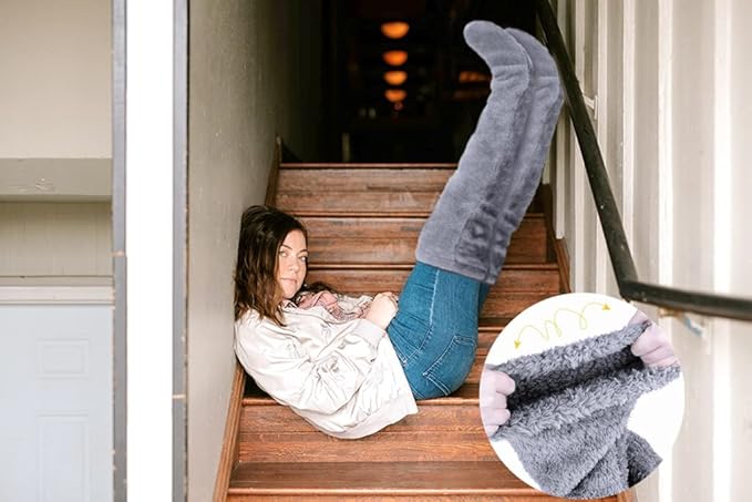 Home Socks - Overknee Fleece Socks - 55cm - Fleece Slipper Socks - Fluffy - Long Leg - Warm Pants - Winter - Home Sleep Socks - Light Grey
