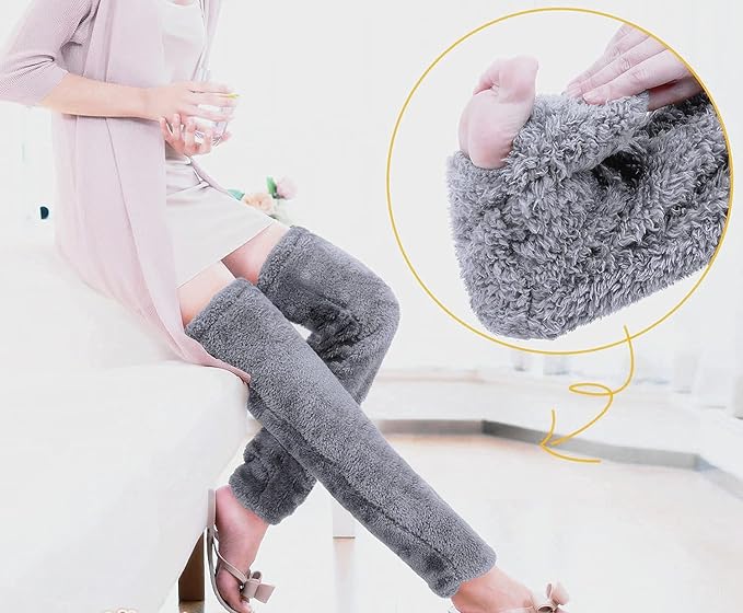 Home Socks - Overknee Fleece Socks - 55cm - Fleece Slipper Socks - Fluffy - Long Leg - Warm Pants - Winter - Home Sleep Socks - Light Grey