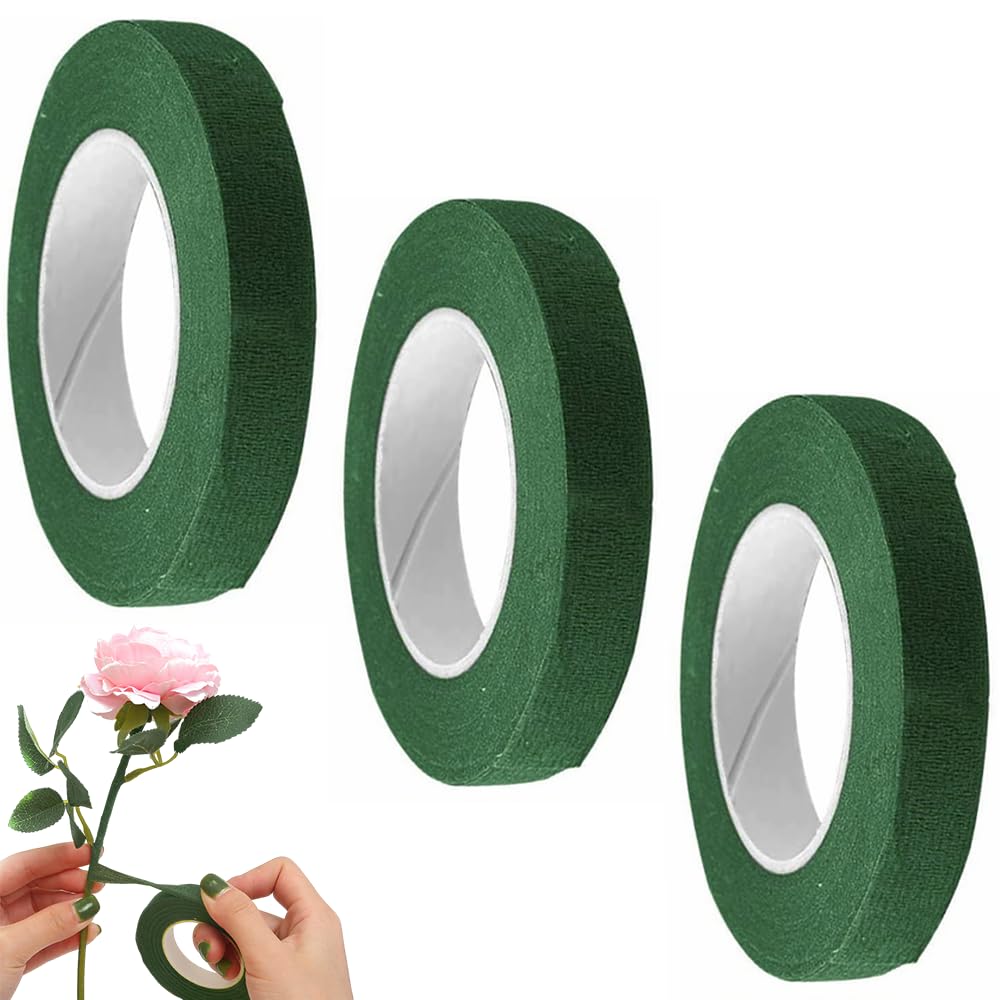 3 rolls of flower tape - 12 mm wide dark green flower tape for wrapping bouquet stems and DIY crafts - 30 metres per roll