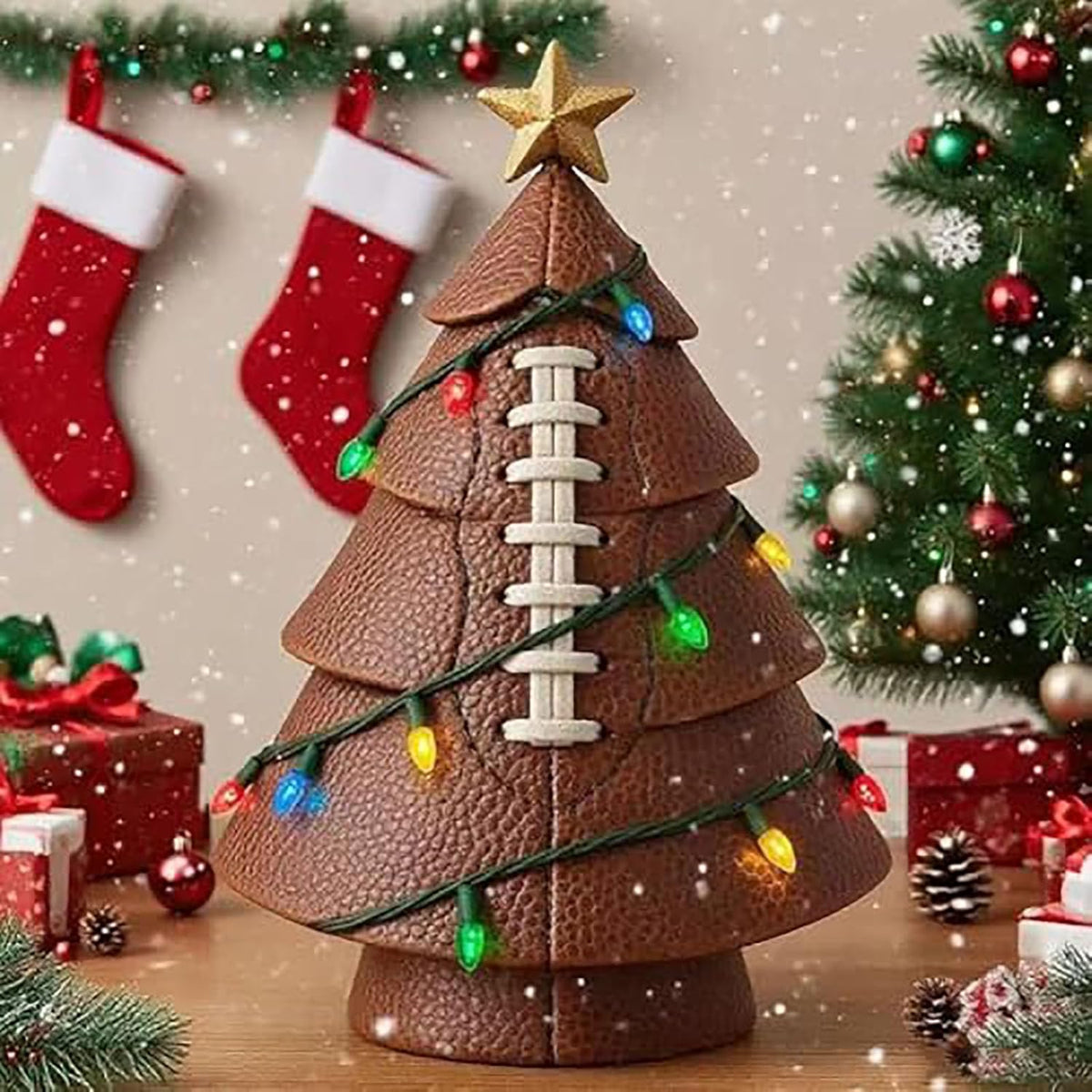 Christmas tree decoration with football theme - Fun football decoration - Mixed set of Christmas tree decorations with gold stars - Christmas decoration for the desk - Perfect for indoor office use - Sports fans - Christmas tree decoration (brown)