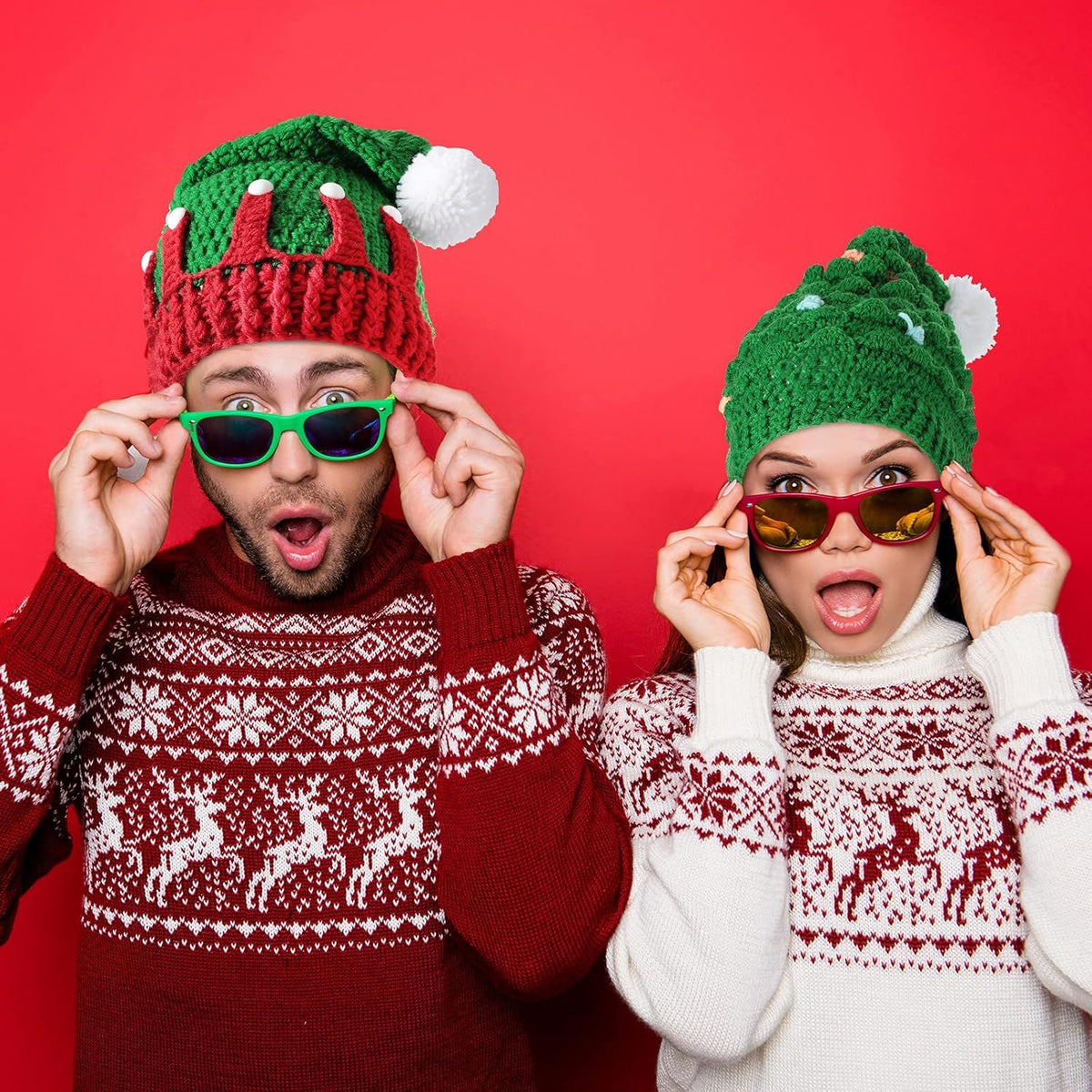 2 Pieces Unisex Christmas Knit Beanie Santa Hat Winter Warm Crochet Bearded Cap with ur Pom Pom Handmade Knitted Reindeer Cap or Adult