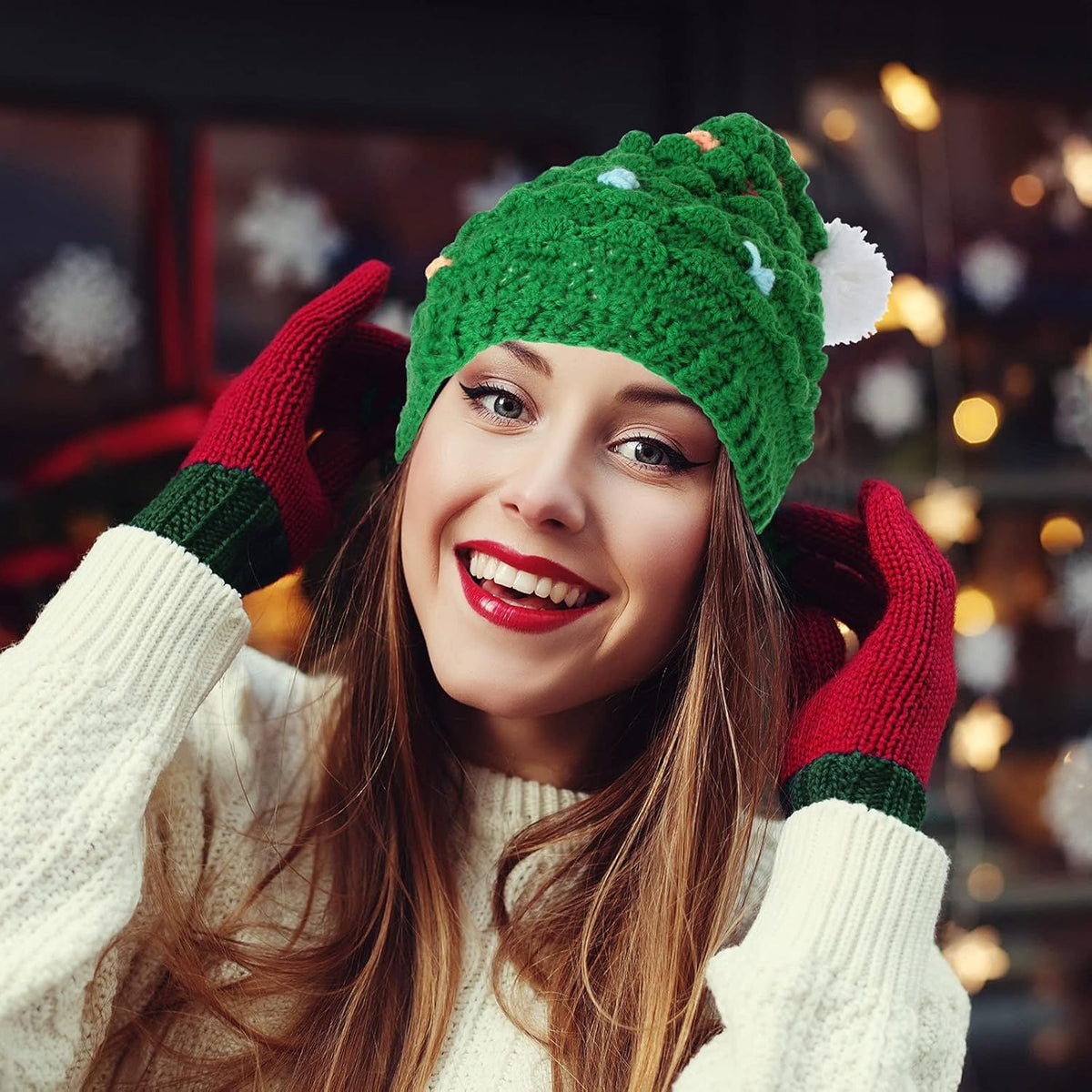 2 Pieces Unisex Christmas Knit Beanie Santa Hat Winter Warm Crochet Bearded Cap with ur Pom Pom Handmade Knitted Reindeer Cap or Adult