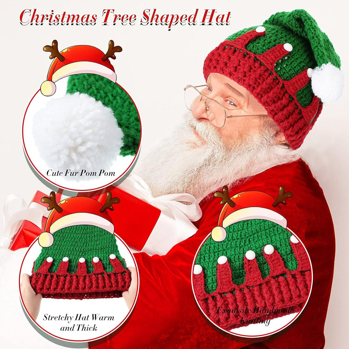 2 Pieces Unisex Christmas Knit Beanie Santa Hat Winter Warm Crochet Bearded Cap with ur Pom Pom Handmade Knitted Reindeer Cap or Adult