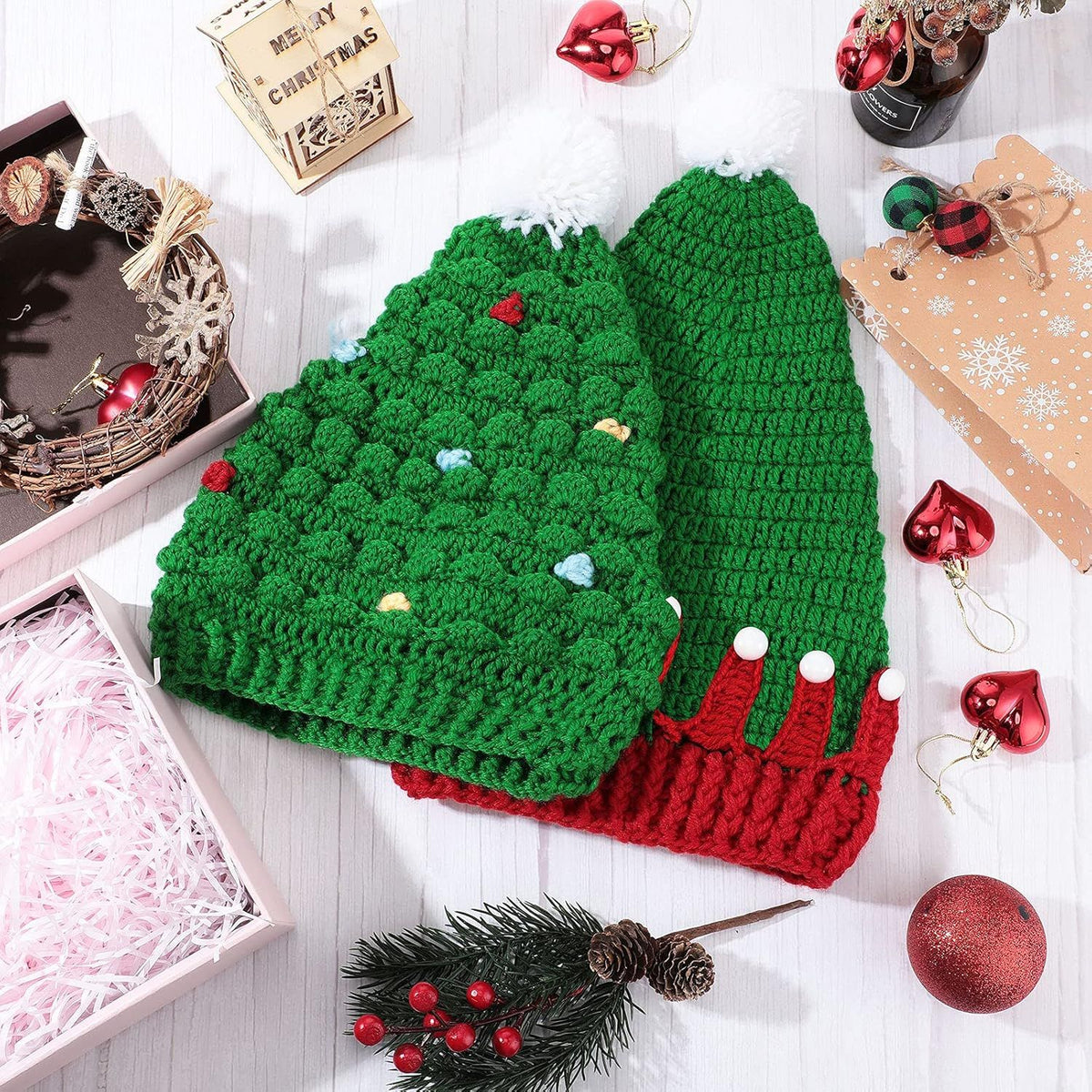2 Pieces Unisex Christmas Knit Beanie Santa Hat Winter Warm Crochet Bearded Cap with ur Pom Pom Handmade Knitted Reindeer Cap or Adult