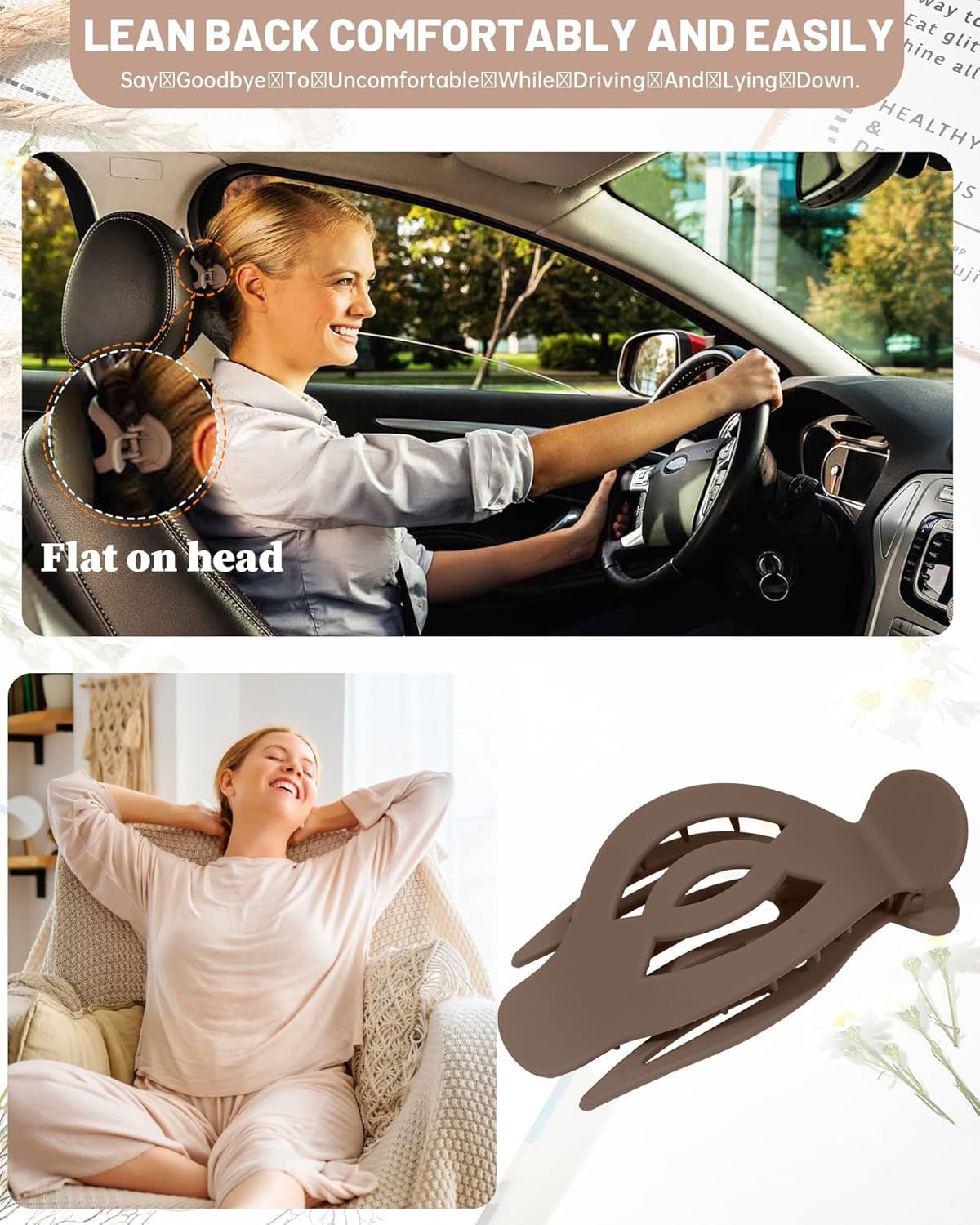 6Pcs Upgrade Large lat Hair Claw Clips or Women Girls, 5" Non-slip Duckbill Hair Clips or Long, Thick, Thin Hair, Comortable or Driving & Lying Down (Matte (Neutral))