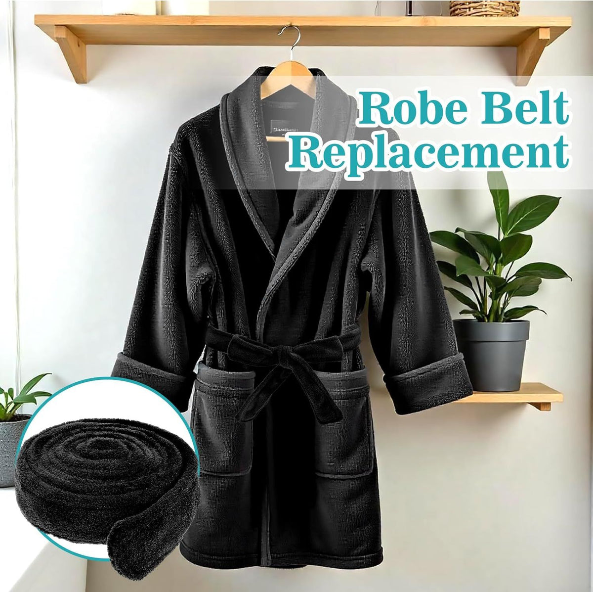 Robe Belt, Reusable Robe Tie, Soft Adjustable Design & Machine Washable for Bathrobe, Hotel & Home Use, (Black, 66.9")