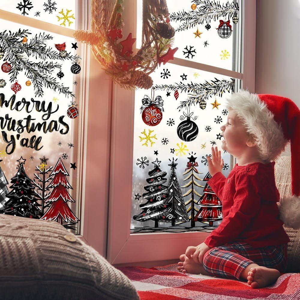 136 PCS Christmas Window Clings Stickers Winter Snowflakes Merry Christmas Tree Pine Branches Window Decals for Xmas Party Home Holiday Shop Glass Display Decoration
