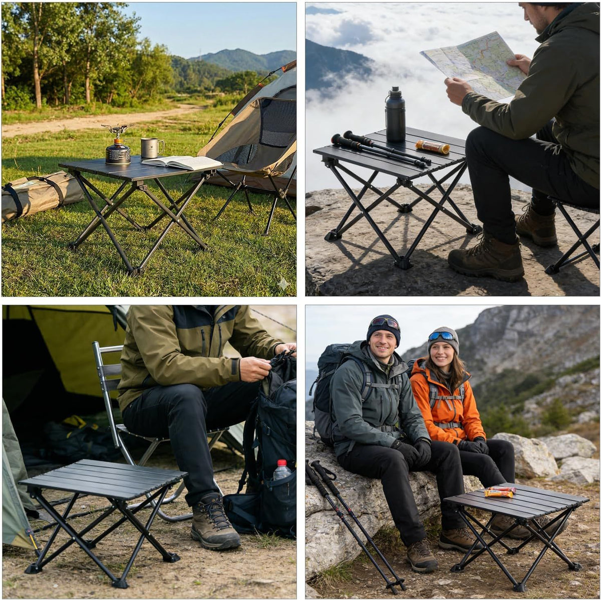 Roll-Up Camping Table, 4-Person Lightweight Portable Outdoor Table with Carry Bag for Picnics BBQ Travel (15.7”x13.7”x11” Black)