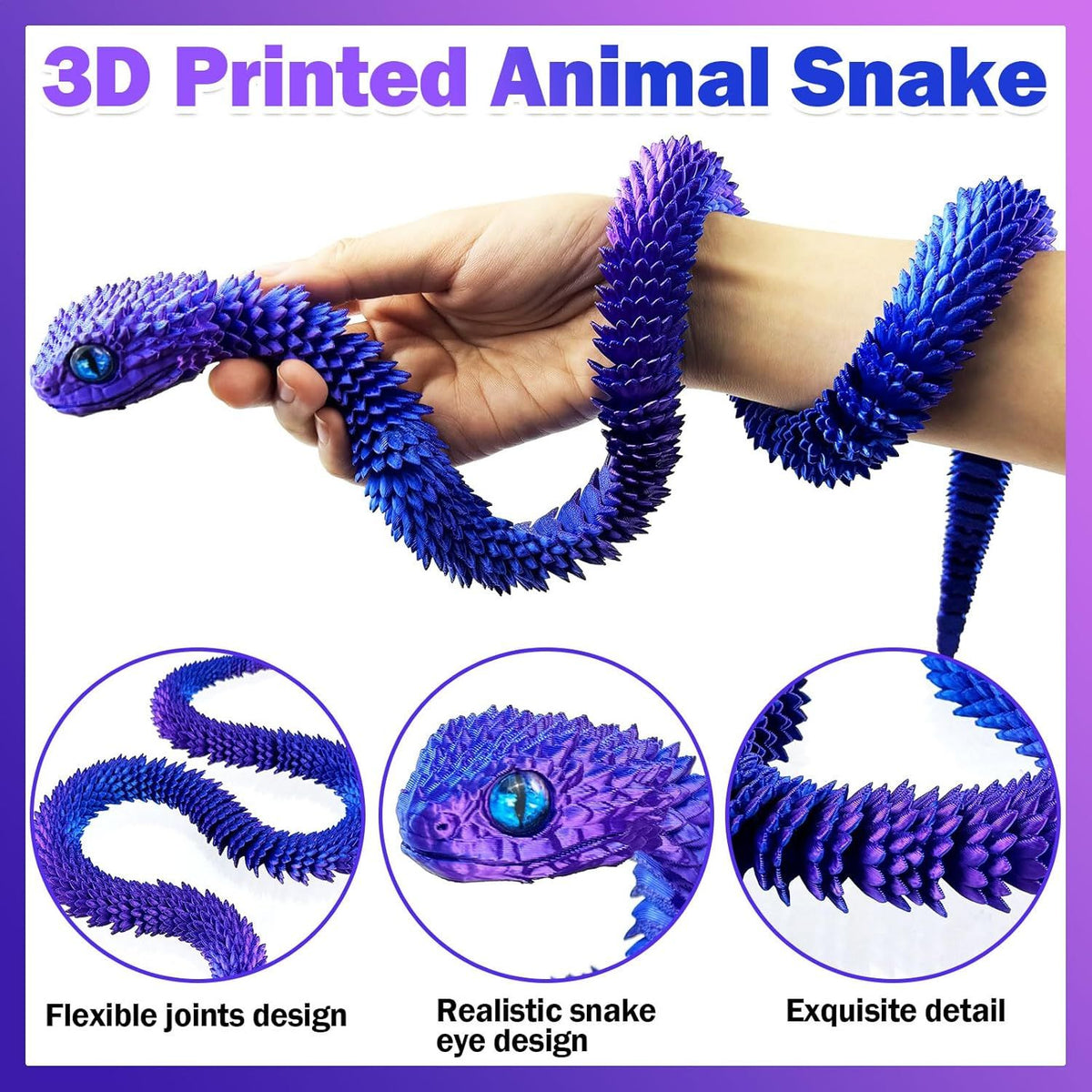 30 Inch 3D Printed Animals Snake, Surprise Mystery Fidget Anaconda Toy, Fake Python Statue with Realistic Eyes，3-D Print Articulated Viper Cobra Collectible for Home Office (LSZ)