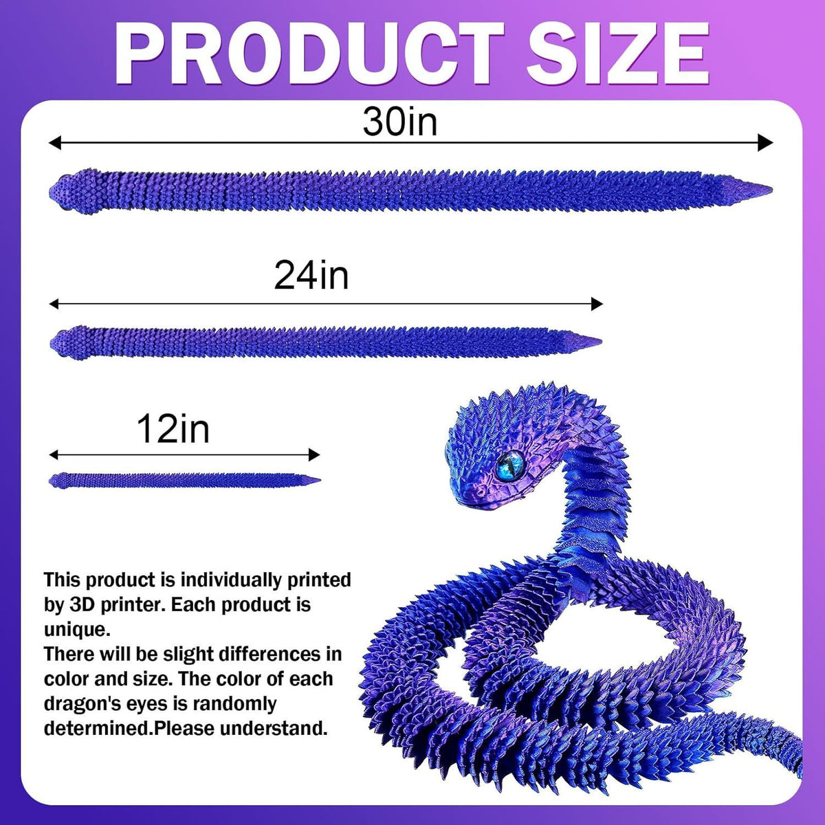 30 Inch 3D Printed Animals Snake, Surprise Mystery Fidget Anaconda Toy, Fake Python Statue with Realistic Eyes，3-D Print Articulated Viper Cobra Collectible for Home Office (LSZ)