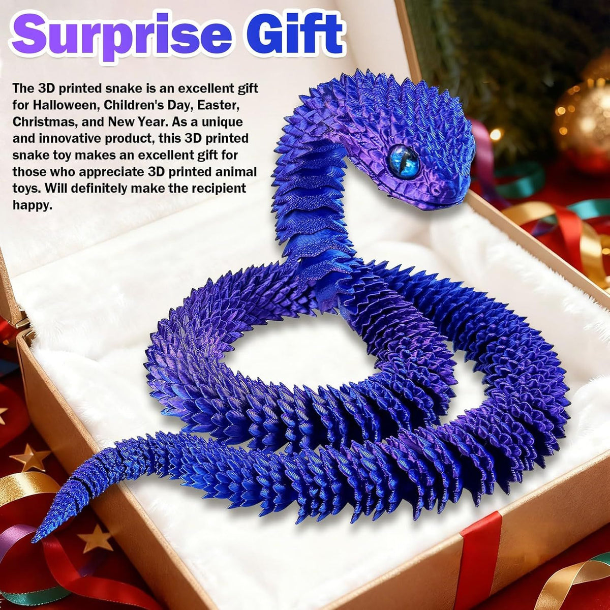 30 Inch 3D Printed Animals Snake, Surprise Mystery Fidget Anaconda Toy, Fake Python Statue with Realistic Eyes，3-D Print Articulated Viper Cobra Collectible for Home Office (LSZ)
