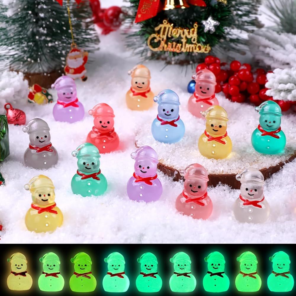 48 Pcs Christmas Mini Luminous Resin Snowman, 9 Colors Mini Resin Snowman Tiny Little Small Snowmen Glow in The Dark for Dollhouse Micro Fairy Garden Decor Christmas Fillers Party Favors