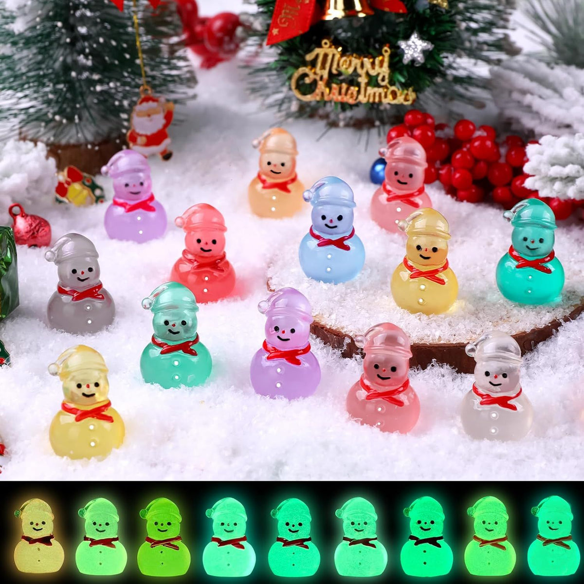 48 Pcs Christmas Mini Luminous Resin Snowman, 9 Colors Mini Resin Snowman Tiny Little Small Snowmen Glow in The Dark for Dollhouse Micro Fairy Garden Decor Christmas Fillers Party Favors