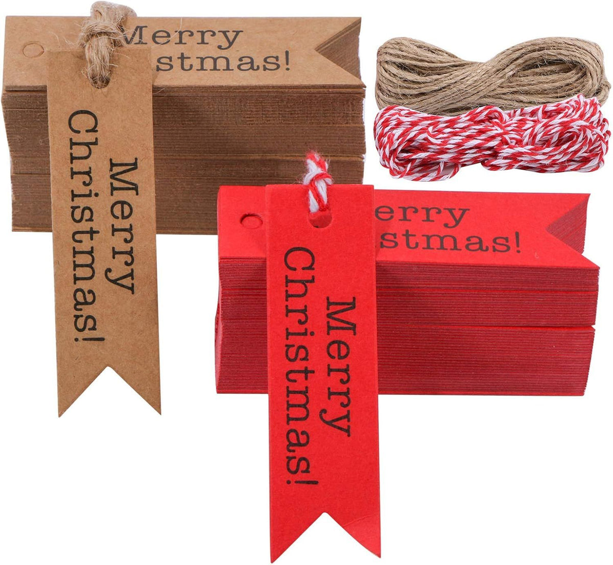 200 PCS Merry Christmas Gift Tags,Mini Kraft Paper Gift Tags,Craft Hanging Decoration Labels with 65.6 Feet Twines String for DIY Art and Home Party(100Red+100Brown)