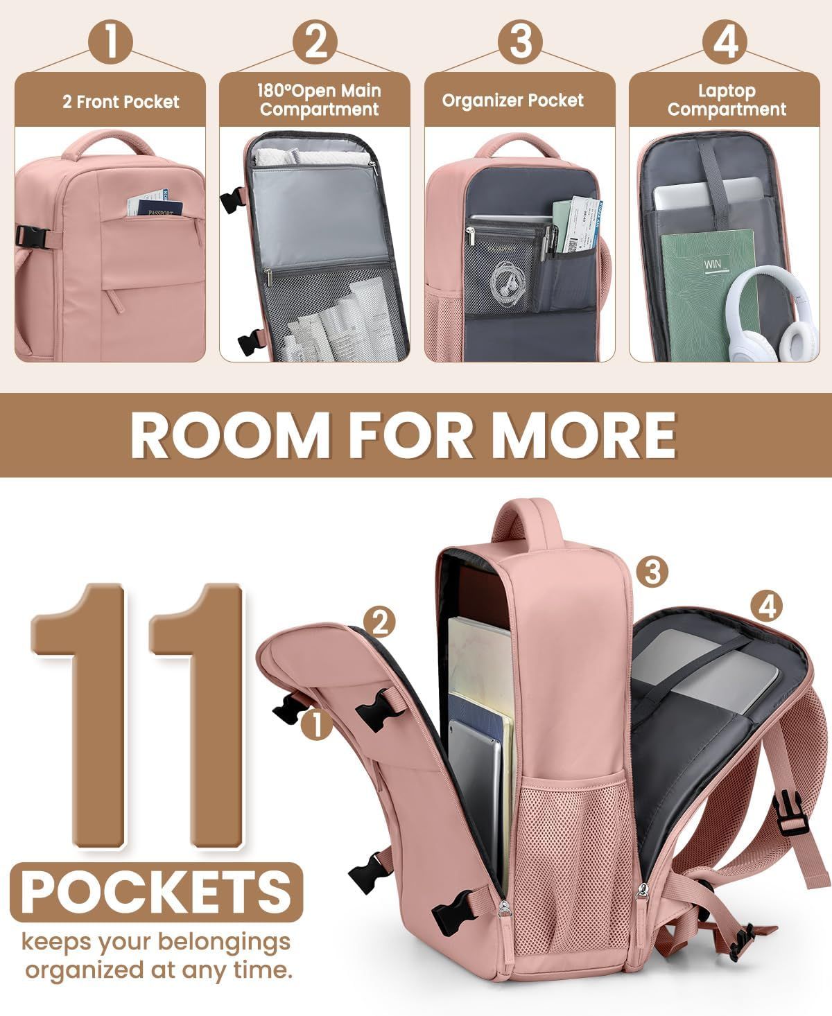 Travel Backpack for Women Man, Waterproof Personal Item Travel Bag Airline Approved Laptop Backpack Bookbag Weekender bags for Business,Travel, Work Fits 15.6 inch Laptop(Medium,Pink)