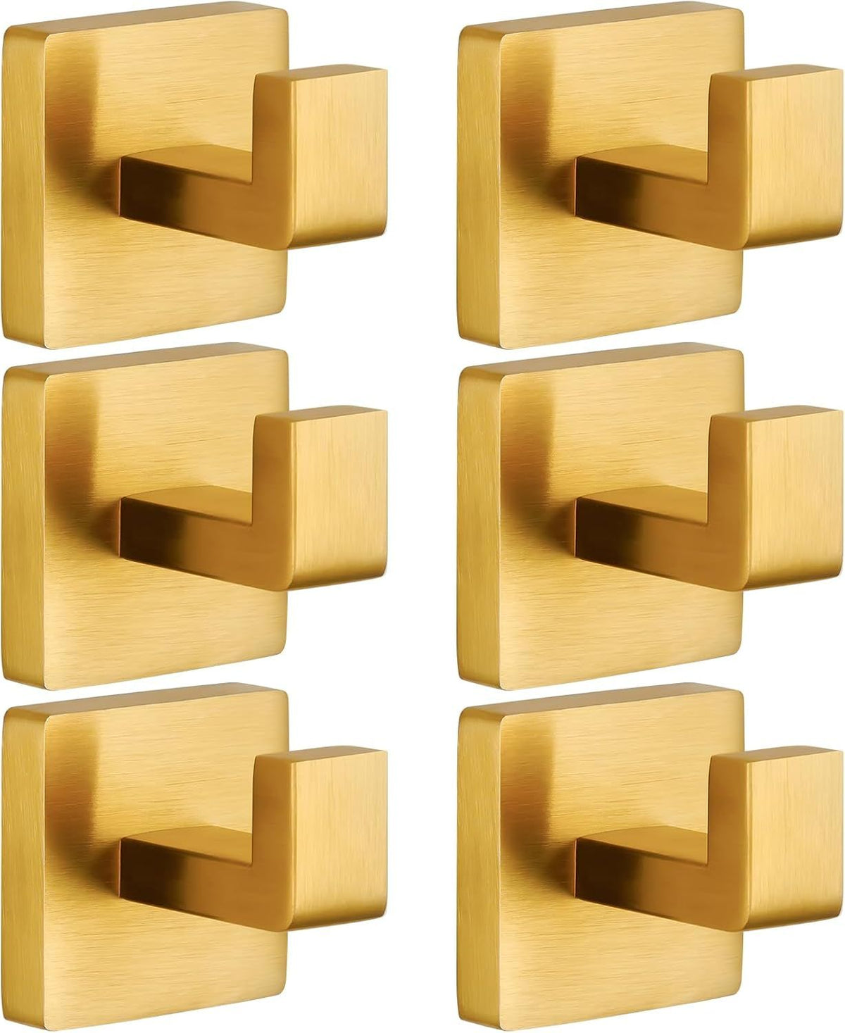 Brushed Gold Stainless Steel Heavy Duty Wall Mounted Square Towel Hooks Robe Hooks - 6 Pack for Bathroom, Kitchen, Bedroom