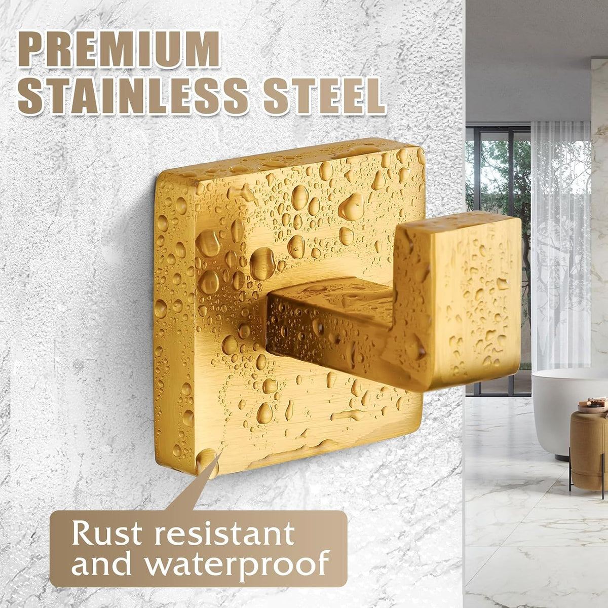 Brushed Gold Stainless Steel Heavy Duty Wall Mounted Square Towel Hooks Robe Hooks - 6 Pack for Bathroom, Kitchen, Bedroom