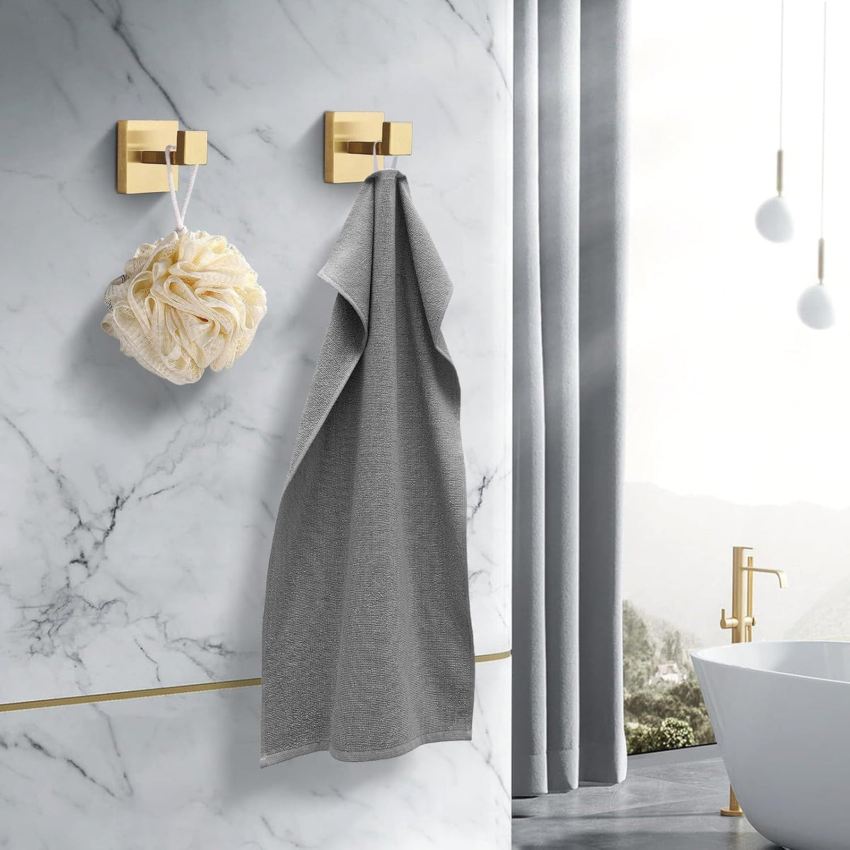 Brushed Gold Stainless Steel Heavy Duty Wall Mounted Square Towel Hooks Robe Hooks - 6 Pack for Bathroom, Kitchen, Bedroom