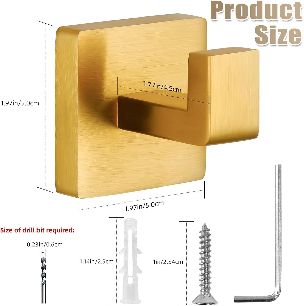 Brushed Gold Stainless Steel Heavy Duty Wall Mounted Square Towel Hooks Robe Hooks - 6 Pack for Bathroom, Kitchen, Bedroom