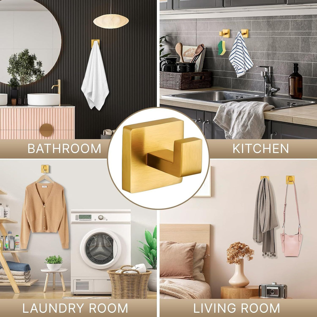 Brushed Gold Stainless Steel Heavy Duty Wall Mounted Square Towel Hooks Robe Hooks - 6 Pack for Bathroom, Kitchen, Bedroom