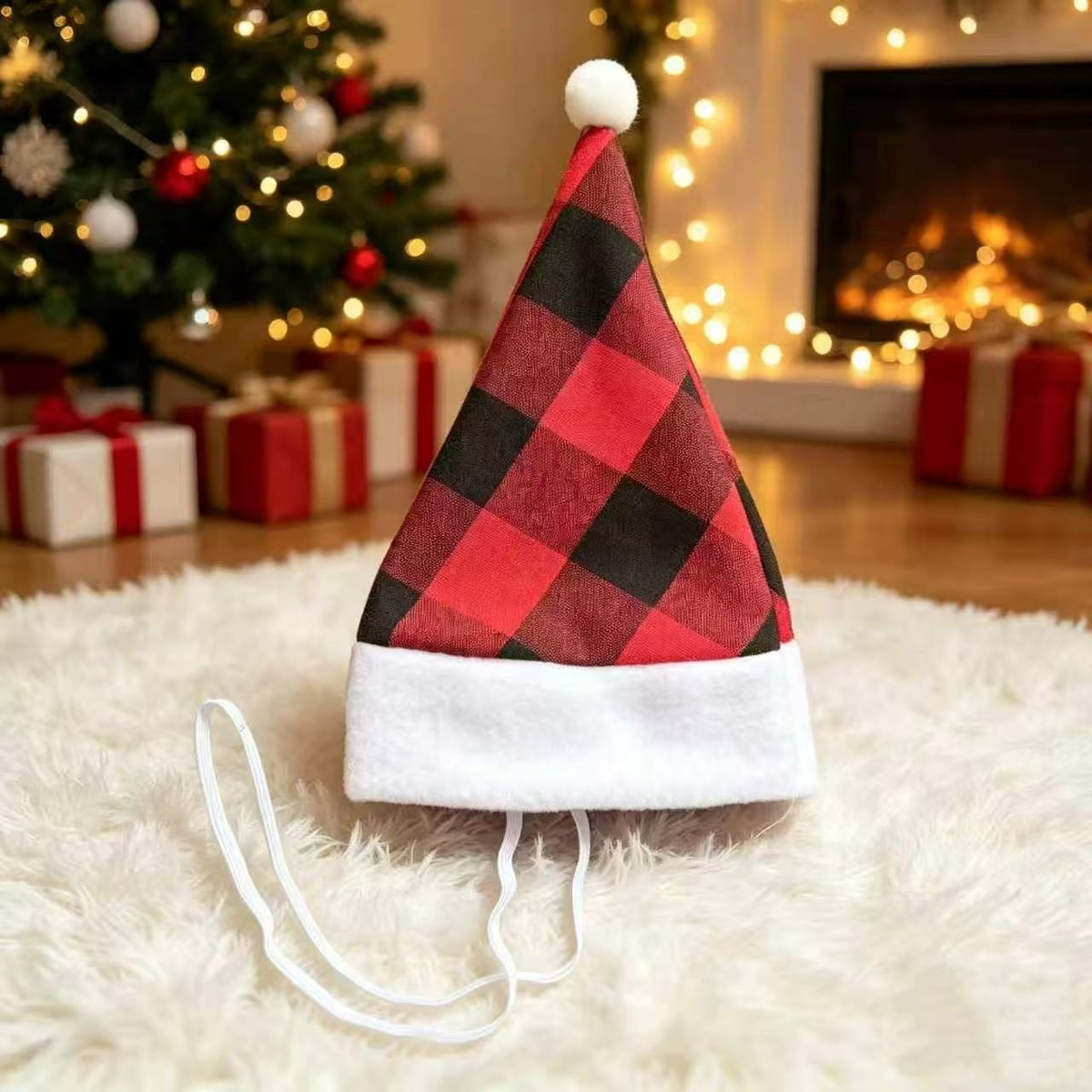 Pet Christmas Hat 4-Pack - Festive Santa Hat for Cats Dogs - Holiday Party Headwear Costume Accessory - Red Black Plaid