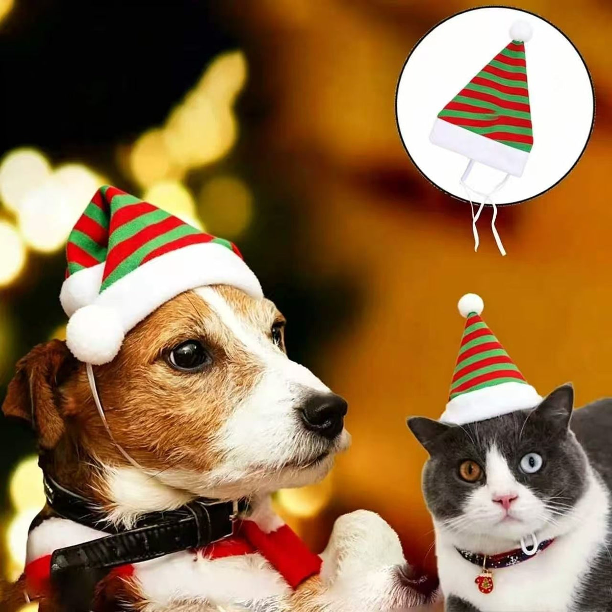 Pet Christmas Hat 4-Pack - Festive Santa Hat for Cats Dogs - Holiday Party Headwear Costume Accessory - Red Green Stripe