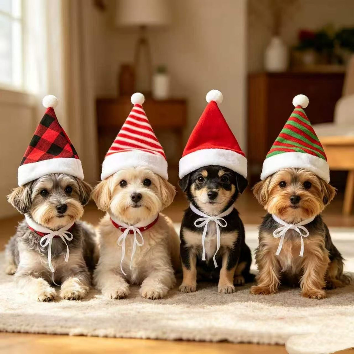 Pet Christmas Hat 4-Pack - Festive Santa Hat for Cats Dogs - Holiday Party Headwear Costume Accessory - Red Green Stripe