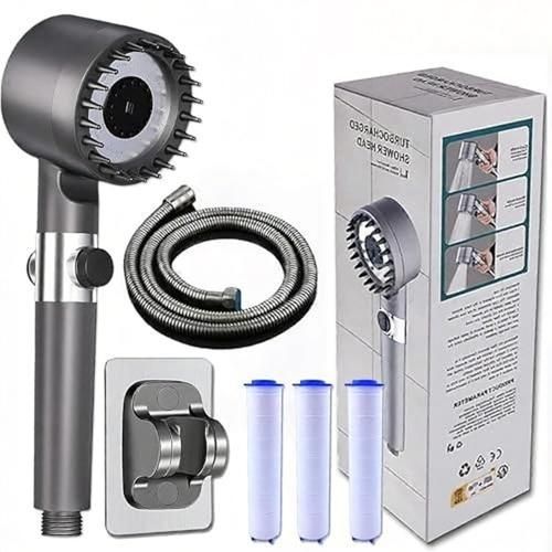 Handheld Shower Head with Brush Massage - High Pressure Filtered Showerhead with Switch for Bathroom - 3-Piece Set (Shower Head with 3 Filters + 1.5m Hose + Drill-Free Bracket)