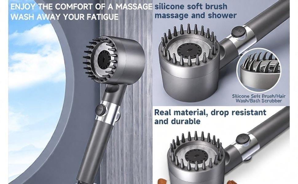 Handheld Shower Head with Brush Massage - High Pressure Filtered Showerhead with Switch for Bathroom - 3-Piece Set (Shower Head with 3 Filters + 1.5m Hose + Drill-Free Bracket)