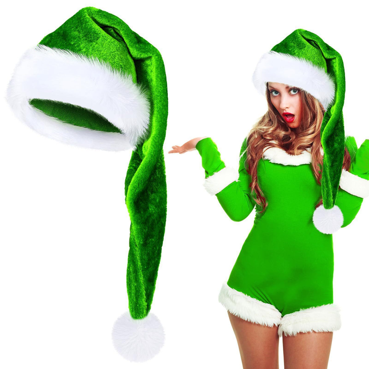 Christmas Santa Hat 2-Pack - Green Plush Long Hat for Holiday Party Decoration, Christmas Costume Accessory - 32x70cm