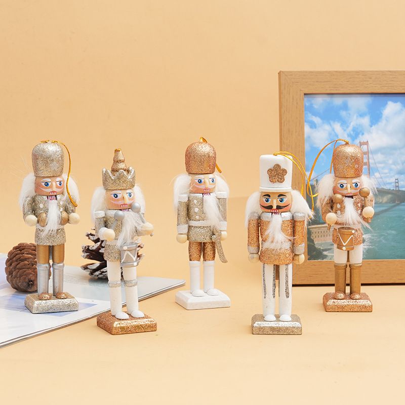 5-Piece Christmas Nutcracker Ornaments Set - 13cm Gold Glitter Wooden Puppet Hanging Decorations with Gift Box - Festive Holiday Tree Pendant for Home Party Decoration