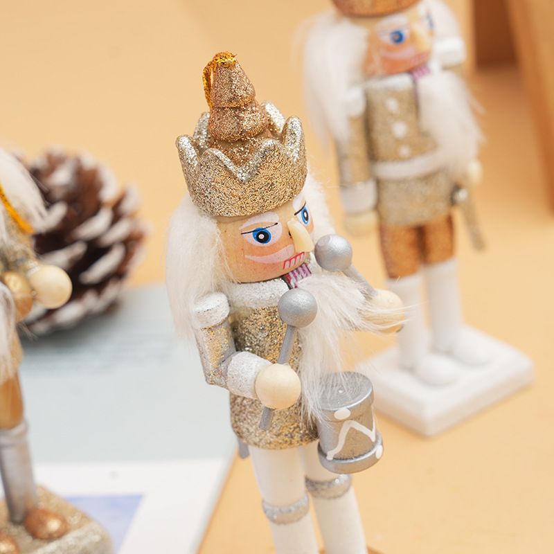 5-Piece Christmas Nutcracker Ornaments Set - 13cm Gold Glitter Wooden Puppet Hanging Decorations with Gift Box - Festive Holiday Tree Pendant for Home Party Decoration